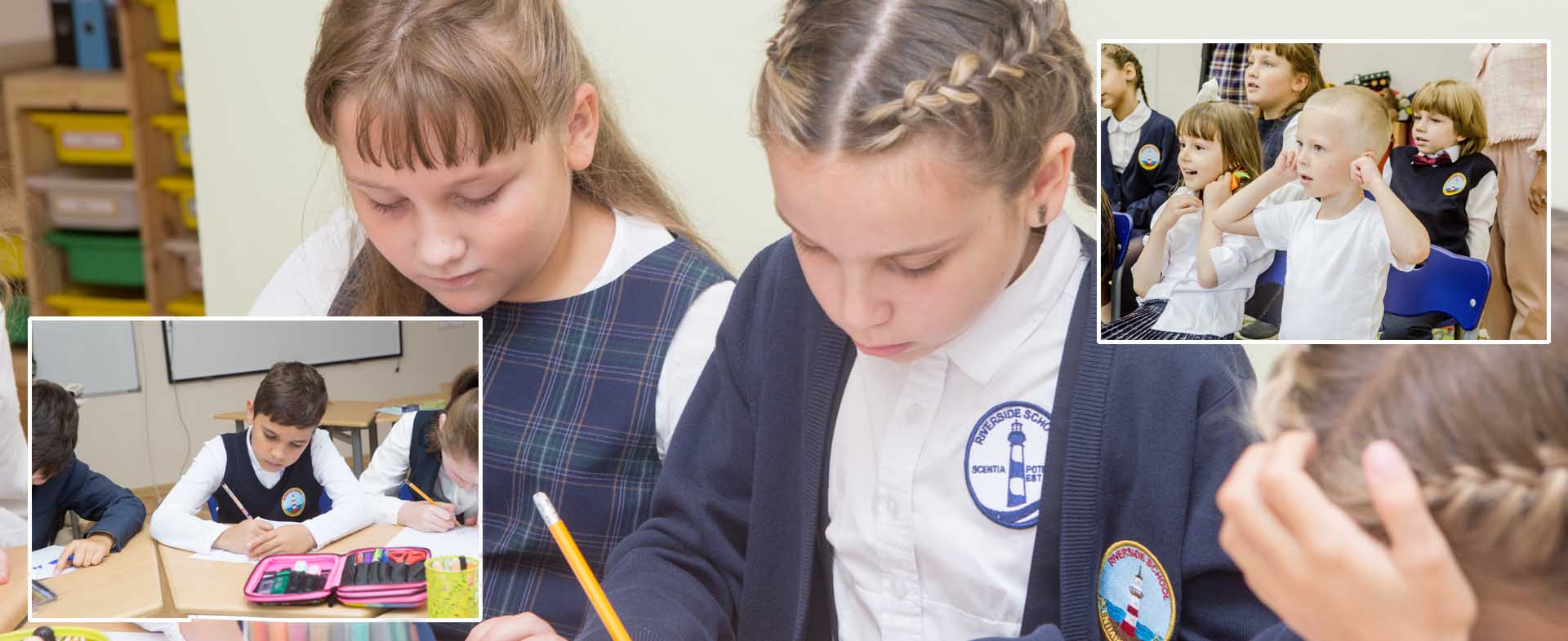 Photo collage of Riverside pupils in class